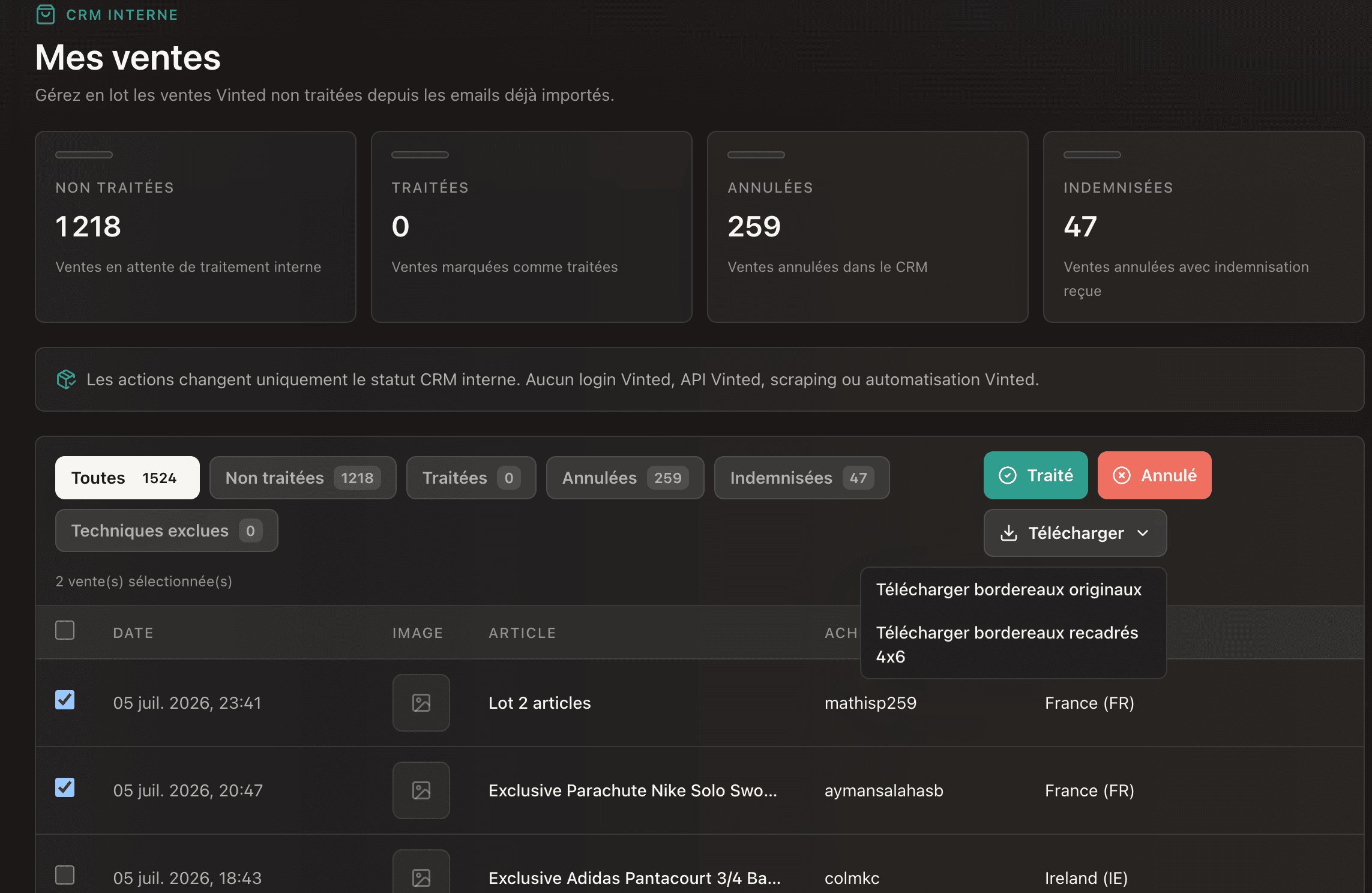 Screenshot de la page Mes ventes ResellFlow